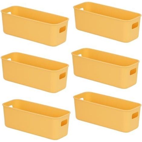 6 Aufbewahrungsboxen aus Kunststoff, 28 cm schmale Aufbewahrungsboxen mit Griffen, Aufbewahrungsbehälter für Küche, Bad, Büro 28×10×11 cm (Gelb)