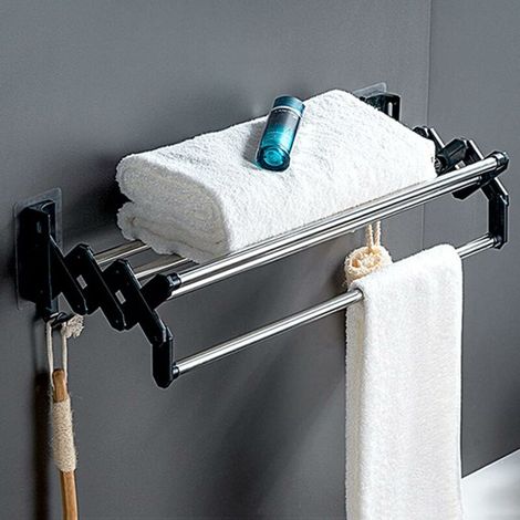 No Drilling Bathroom Wall Mounted Towel Rack, Foldable Adhesive Wall Mounted Towel Rack, with 2 Hooks(40cm) (1/5)