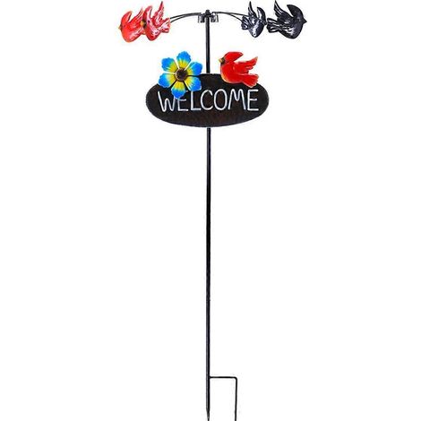 Piquet de jardin, moulin à vent rotatif en forme de fleur et d'oiseau, ornement de pelouse en métal avec panneau de bienvenue (1/4)