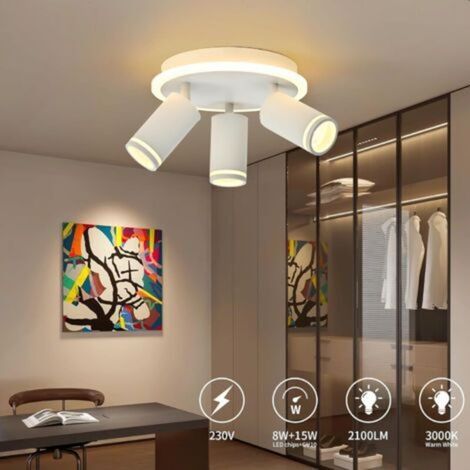 Spot d'intérieur-Plafonnier LED 3 Spots,Rond Spot de plafond Pivotants & Orientable,Moderne Éclairage luminaire avec lueur inférieure 8W+3GU10 Ampoules,Blanc Chaud 3000K Plafonnier Intérieur pour Cuis (1/5)