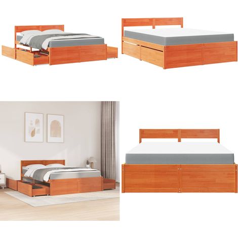 Lit avec tiroirs/matelas cire marron 160x200 cm bois massif pin - Lit Double - Lit Plateforme - Lit Avec Rangements - Lit Bois Massif - Matelas Ressorts Ensachés - Home & Living (1/5)