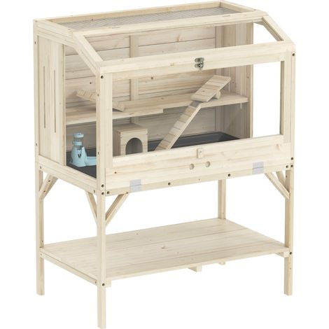 Gabbia per criceto a 2 livelli con vano contenitore, 84 x 53 x 110 cm, legno naturale DESVIAE (1/4)