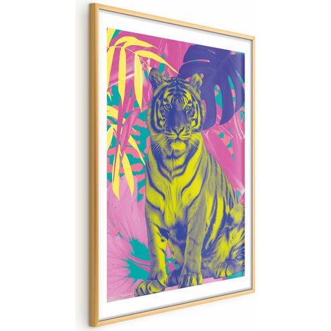 Poster - Tigre colorata - Colori intensi di una tigre circondata da piante tropicali (1/4)