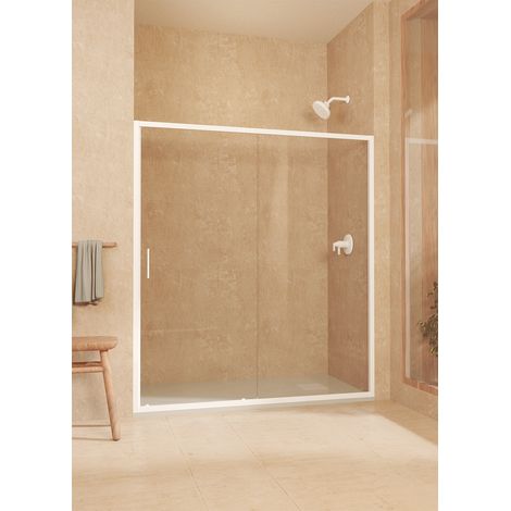 Mampara de ducha frontal corredera + fijo, con perfil inferior, Vidrio de seguridad 6mm antical, 135 a 140cm x 195cm alto, Blanco (1/5)