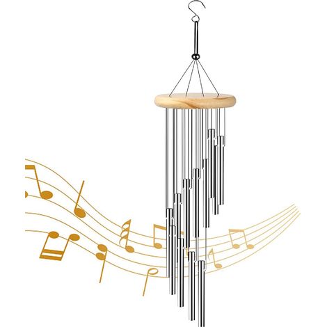 Carillon à Vent - 12 Tubes - Aluminium et Bois - Son Apaisant - Jardin Patio Balcon - 58 cm (1/5)