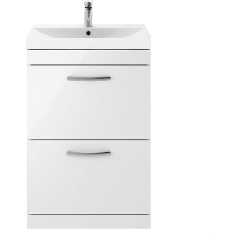 Millwich Contemporary 2 Drawer Floor Standing Vanity Unit with Thin Edge Basin, Gloss White, 600mm
