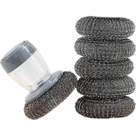 6 Spazzole per piatti, Spazzole per piatti con serbatoio, Spazzole per la pulizia con supporto, Spazzole da cucina per piatti, pentole e lavelli (in filo metallico) (1/5)