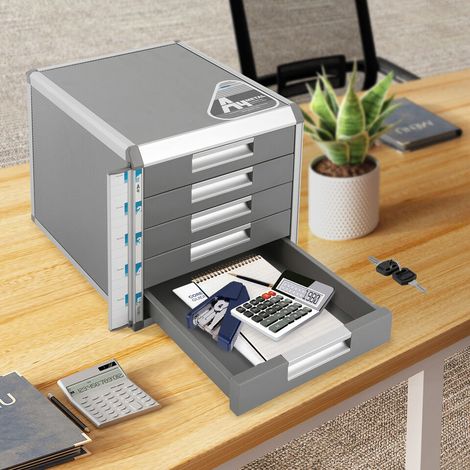 Boîte de rangement à 5 tiroirs pour bureau, boîte de rangement en alliage d'aluminium, boîte de rangement à 5 niveaux en alliage d'aluminium avec serrure. (1/5)