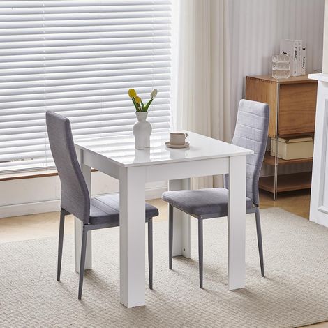 75x75cm Square Dining Table and Chairs Set, Small Dining Room Set High Gloss Dining Table with Chairs Home Furniture (Grey Linen, White Table with 2 Chairs) (1/5)