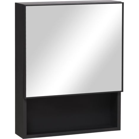 Armoire de salle de bain 46x13,5x58 cm, avec miroir, 2 étagères internes, étagère en verre ouverte, armoire murale moderne, adaptée pour la salle de bain - Noir (1/5)