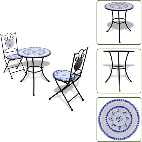 The Living Store Set da Bistrot 3 pz in Piastrelle di Ceramica Blu e Bianco - Sedie da giardino