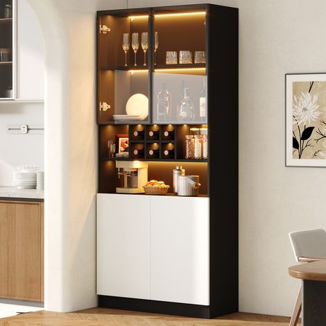 Vitrine en verre avec éclairage LED multicolore, 80 x 30 x 180 cm, 2 portes, étagère ouverte et porte-bouteilles jusqu’à 6 bouteilles, pour salon ou salle à manger - CHICFURN (1/5)