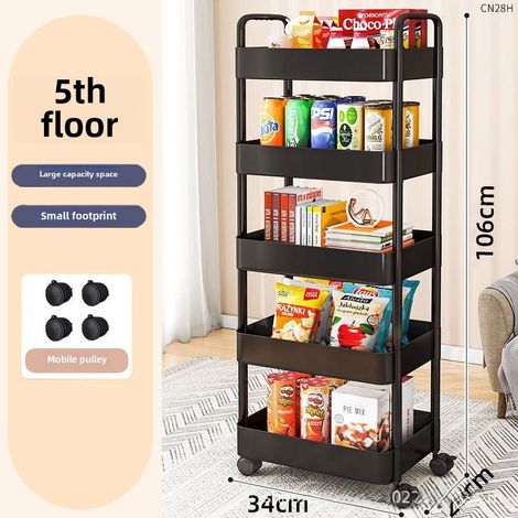 Carro de almacenamiento con ruedas para cocina, dormitorio, suelo, multinivel, móvil para aperitivos de bebé, baño, aseo (negro, 5 niveles)