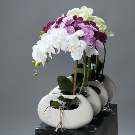 Orchidee artificielle Lavande 1 hampe pot Ceramique Blanc oval H 43 cm - couleur: Lavande