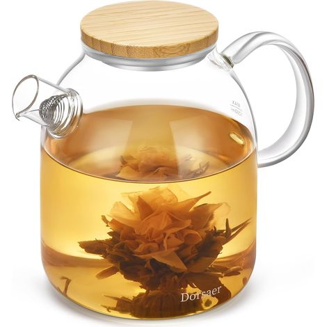 Théière en verre borosilicate de 1500 ml avec infuseur et couvercle en bambou, 4 à 6 tasses avec passoire pour feuilles en vrac/tisane (1/5)