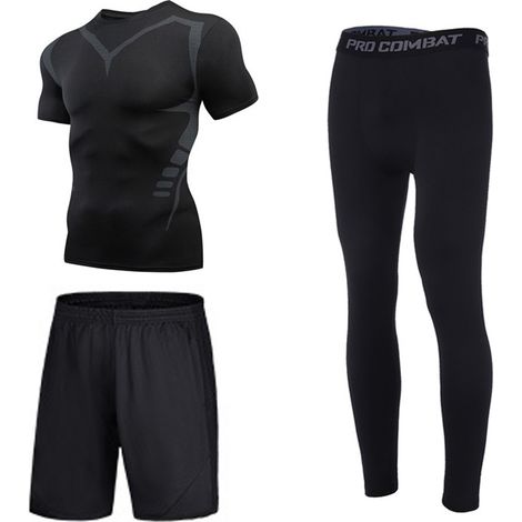 Ensemble de sport à séchage rapide pour homme, t-shirt d'été à manches courtes, vêtements d'entraînement, équipement de course, collants, tenue de basketball trois pièces (1/5)