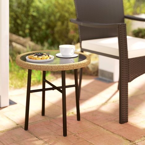 Table basse ronde jardin table d'appoint extérieur résine tressée plateau verre trempé 46x46x43cm naturel