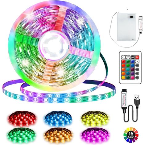 Ruban LED à piles 3 m, RGB 5050 90 LED, alimentation piles ou USB, télécommande, 16 couleurs, découpable, pour rétroéclairage TV, chambre et placard (1/5)