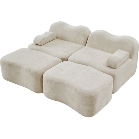 Sofá modular de 2 plazas con 2 otomanas, espuma de alta densidad 32D, terciopelo beige (1/5)