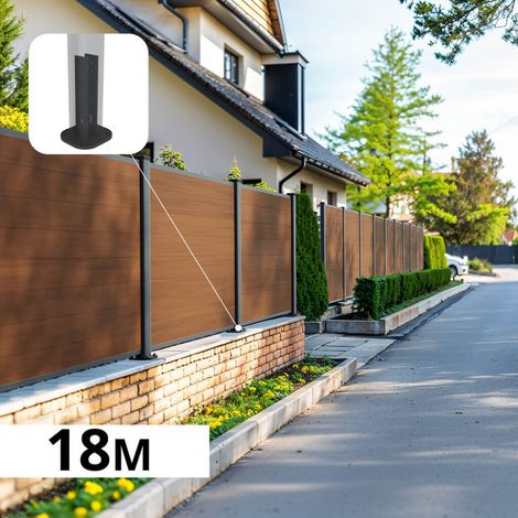 Kit Clôture Composite sur Muret CRUZ Teck 18x1,2m - Bois composite & Aluminium - Poteaux sur Platines Gris - Brise vue