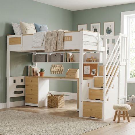 Cama alta 90x200 cm con escritorio, con escalera de almacenaje y estanterías, cama elevada con cajones y barandilla de seguridad, estructura de madera blanca y natural, sin colchón (1/5)