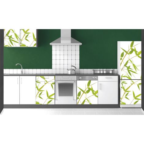 Sticker mural réfrigérateur 180x60cm, tiges de bambou vertes, style zen, décoration intérieure pour cuisine. (1/2)