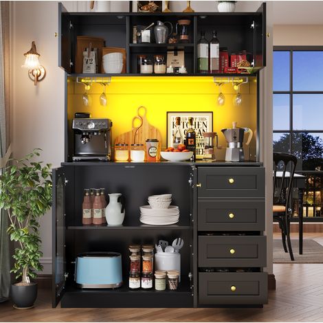 Buffet de cuisine 120x40x188 cm noir en MDF avec LED, grands rangements et portes en verre cannelé (1/5)