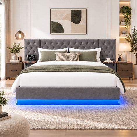 Lit coffre 160x200 avec grande tete de lit, USB et sans fil, Éclairage LED, sommier 160x200 avec rangement hydraulique — lit double, gris (1/5)