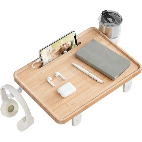 VASAGLE Plateau de Lit, Étagère de Lit, pour Lit Superposé, pour Lit Mezzanine, Emplacement pour Téléphone, Porte-Verre Rotatif, Crochet, Pinces Réglables, Chambre, Beige Naturel (1/5)