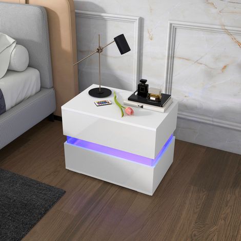 Mesita de noche con luz LED RGB integrada, 2 cajones, 4 modos de iluminación y 16 colores, fabricada en aglomerado, 60x39x47cm, blanca. (1/5)
