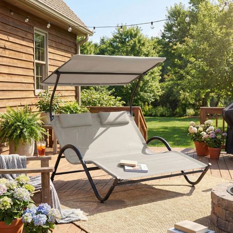 Chaise longue bain de soleil transat avec auvent oreiller et roulettes en acier et polyester crème