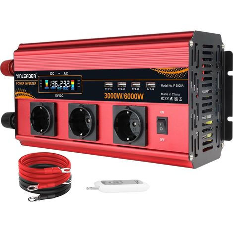 Convertisseur 12v 220v 3000W onduleur télécommande 4 x USB et LCD 3 Prises AC (1/5)