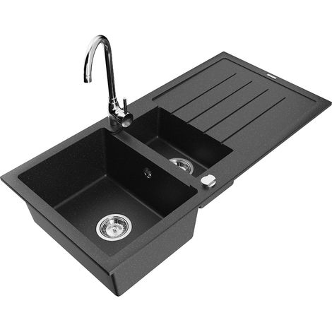 Mexen Andres 1,5-Becken-Granitspüle mit Abtropffläche und Mischbatterie Telma, Schwarz/Silber - 6515
