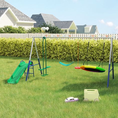 Balançoire Portique Enfants 5 en 1 avec Toboggan, 3 Balançoire, Face à Face, Hauteur Réglable, 3-8 ans, Multicolore (1/5)