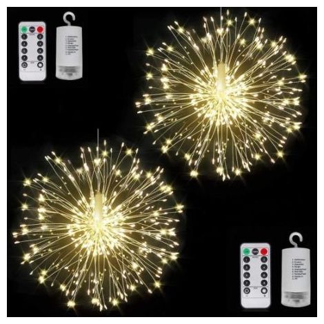 Guirlandes lumineusesPack de 2 feux d'artifice 150 LED fil de cuivre Starburst guirlandes lumineuses 8 modes guirlandes lumineuses à piles avec télécommande (blanc chaud) (1/5)