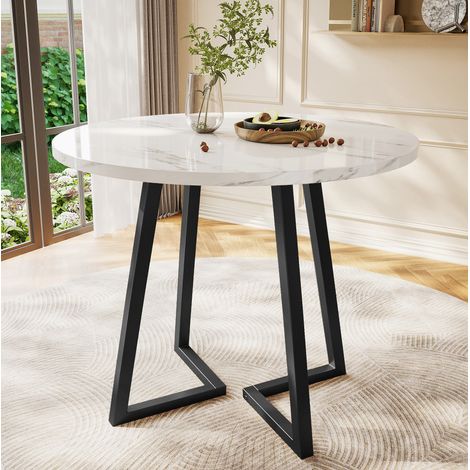 MEUBLIV Table à manger ronde 80 cm blanche – motif marbre, pied métal, à monter (1/5)