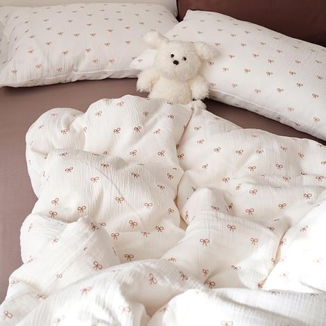 Parure de lit en mousseline 200x200 en coton avec motif de nœud - Ensemble de literie 1 housse de couette 200 x 200 et 2 taies d'oreiller 80x80 cm - Parure de lit en mousseline (1/5)