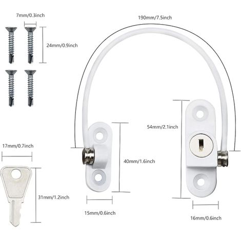 Verrou de Sécurité Meuble Porte Fenêtre avec Clé de Blanc Restricteur Câble 190mm Entrebâilleur à Cable (1/4)