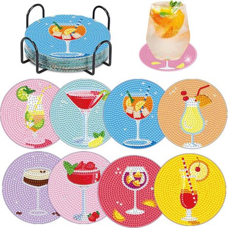 Kit Peinture À Strass - 8 Tapis De Verre Pour Cocktails - Support Métallique Noir - Base En Liège Anti-dérapante - 10 cm - Lot Complet Pour Adultes