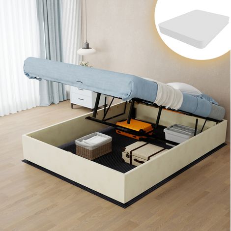 Letto moderno minimalista in tessuto e metallo beige 140x200 cm, con pistoni a gas, senza testiera