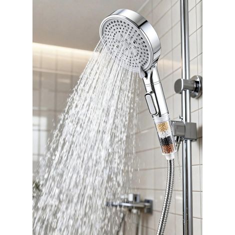 Pommeau de douche à économie d'eau, filtre à douchette avec pierres minérales et 5 types de jet, plus de pression avec filtration à 3 couches et pierres supplémentaires, blanc, brossé (1/5)