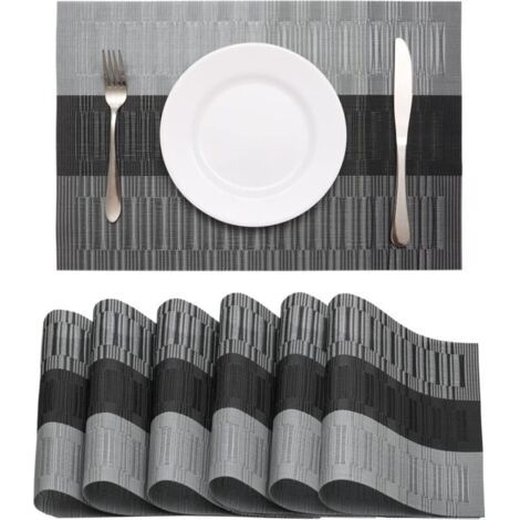 Sets de Table Lavable Lot de 6 Sets de Table PVC Sets de Table Plastique Set de Table Moderne Résistant à la Chaleur Antidérapant pour Cuisine Table à Manger, 45x30cm (Noir-Gris) (1/5)