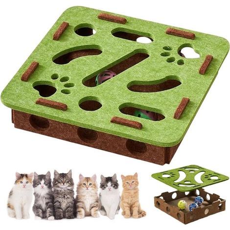 Jeu de Labyrinthe en Boîte en Feutre, Boîte À Labyrinthe en Feutre Interactive avec 3 Balles , Boî-Te À Puzzle Griffoir pour Chat, pour Chats d'intérieur, Chatons et Chats Adultes (1/5)