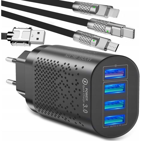CUBO CARICABATTERIE PER TELEFONO CON 4 PORTA USB A RICARICA RAPIDA + CAVO 3 IN 1 PROTETTIVO