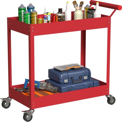 Chariot d'atelier 2 niveaux rouge 84,5x38x84cm, servante mobile avec poignée latérale et roulettes verrouillables, établi roulant garage rangement outillage, plateau de transport robuste. (1/5)