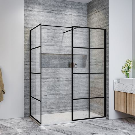 ELEGANT 800mm Black Framed Walk in Shower Enclosure Screen with 800mm Side Panel and 1400x800mm Anti-Slip Resin Shower Tray (1/5)