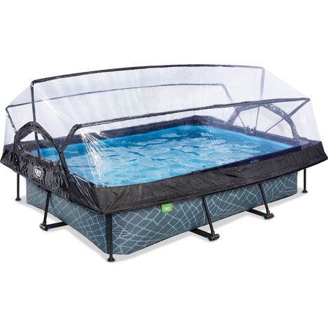 Exit Toys – Piscine hors sol rectangulaire 300x200x65cm – Dôme et pompe filtrante – Finition imitation bois – Pour jeunes enfants