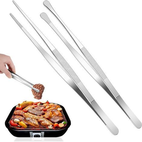 Lot de 2 pinces de cuisine en acier inoxydable 30 cm - embouts droits et ronds, antidérapantes, pour barbecue et fruits de mer (1/5)