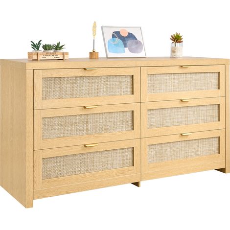 VEVOR Cómoda de Ratán con 6 Cajones, Tiradores y Patas Metálicas, Amplio Espacio de Almacenamiento, Mueble Moderno para Dormitorio, Salón o Recibidor, 144,5 x 45 x 79,5 cm, Color Madera Natural (1/5)