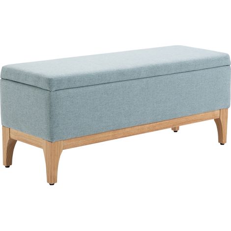 Panca Pouf Contenitore Imbottita 110x39x45 cm in Tessuto Effetto Lino Azzurro (1/5)